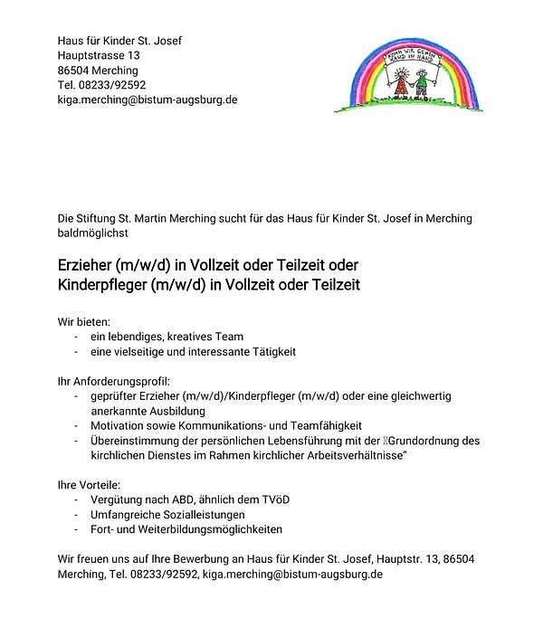 Stellenanzeige und Beschreibung für Erzieher(m/w/d) und Kinderpfleger (m/w/d)