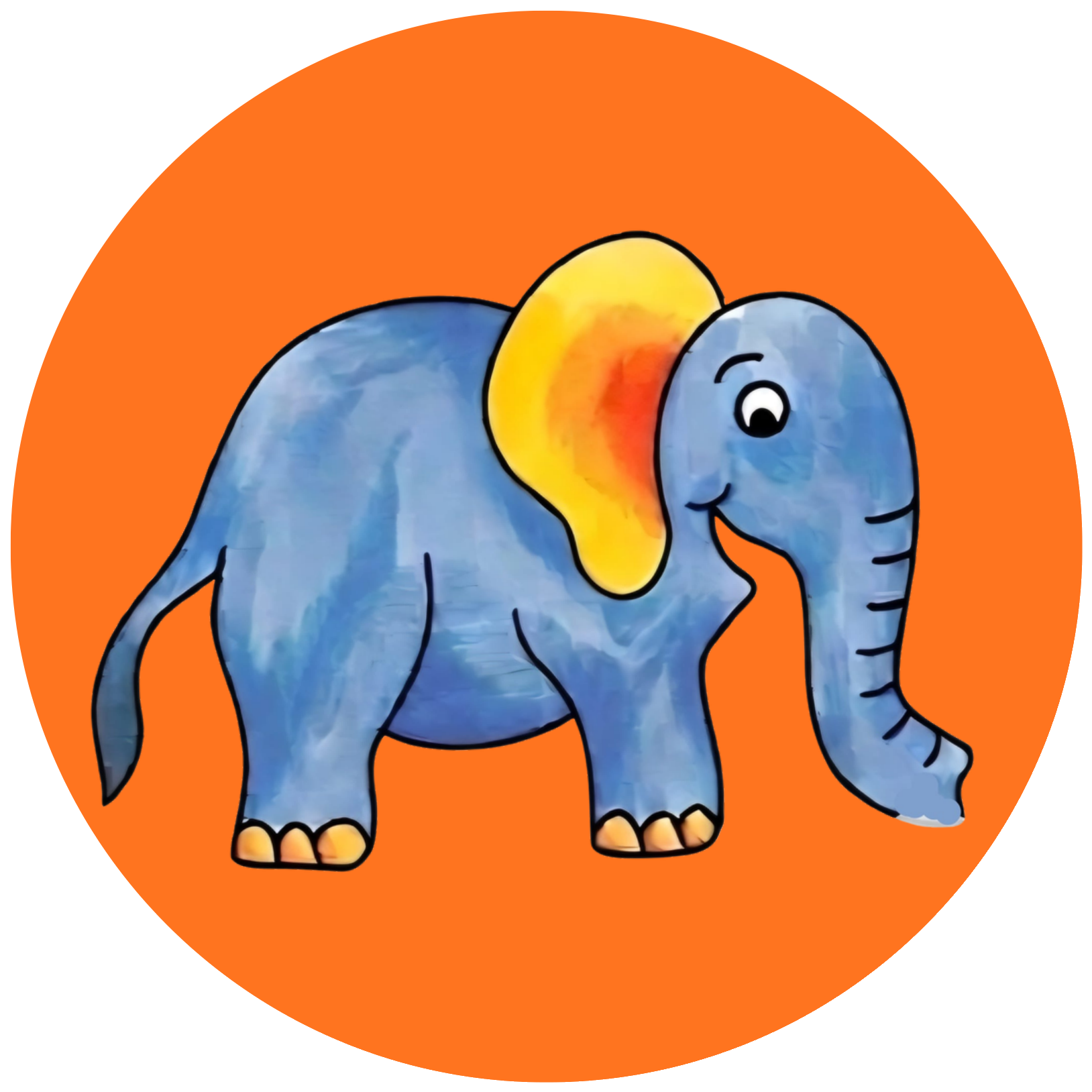 Logo der Elefantengruppe, ein blauer Elefant mit gelben Ohren