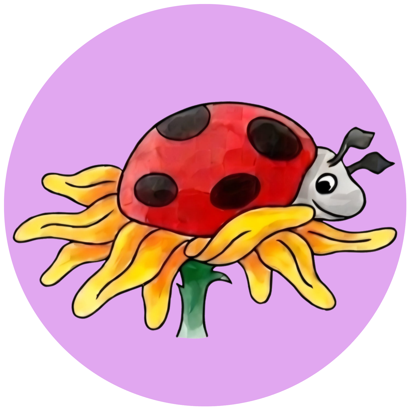 Logo der Käfergruppe, ein Marienkäfer der auf einer Blume sitzt